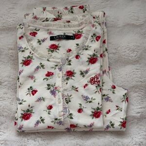 Lauren Ralph Lauren Cream Floral Rose Cotton Pajama Set-Romantic Sleepwear-S